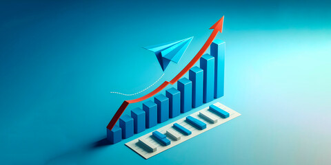 Growth graph isolated on blue background with blue paper plane, a banner with space for text