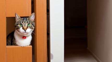 The cat peeks out from behind the door