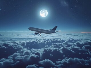 Fototapeta premium Aerial view of a cargo plane over a sea of clouds under the moonlight