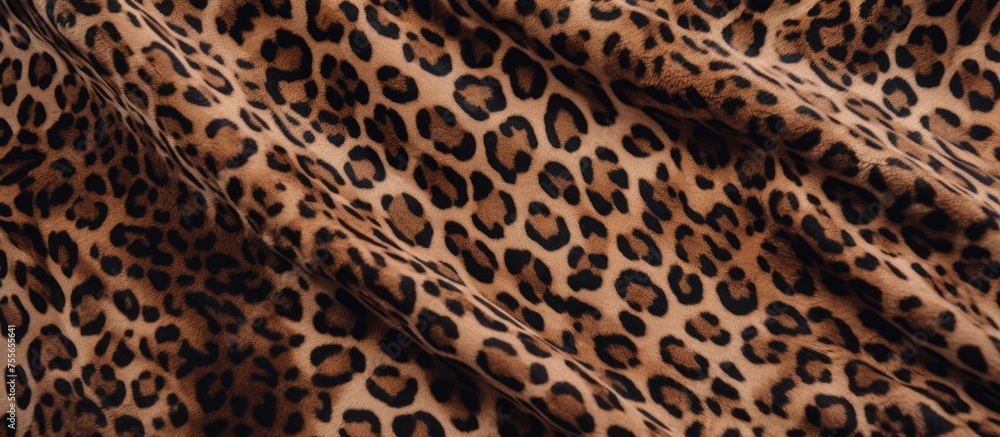 Poster detailed view of a leopard print fabric showing the intricate pattern and texture of the material.
