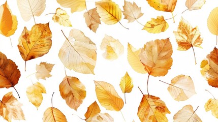 Golden and brown autumn leaves arranged in a charming pattern against a transparent backdrop,...