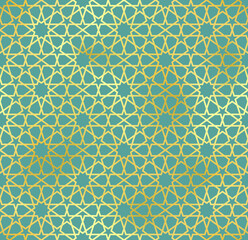 Traditional Islamic seamless pattern. Shiny gold and green Turkish background. Mosque window golden gradient grid mosaic texture