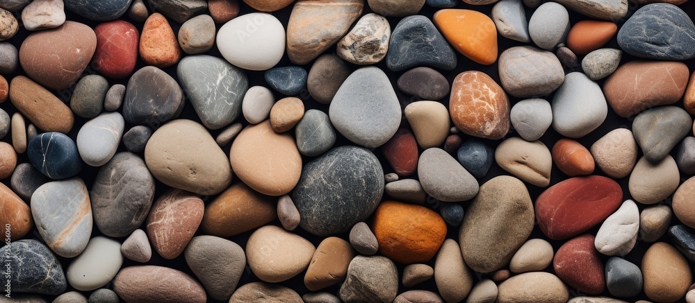 Poster various sizes and shapes of rocks clustered together in the foreground, with a blurred background. t