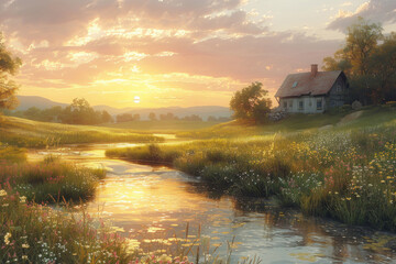 Fototapeta premium Landscape of house and river in morning background. Generative ai.