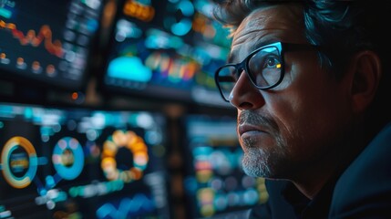 Fueled by determination, the analyst pores over graphs and charts, his focus unwavering as he navigates through layers of financial information.