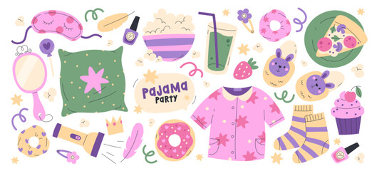 Pajama sleepover party supplies and accessories for fun time entertainment vector illustration - obrazy, fototapety, plakaty