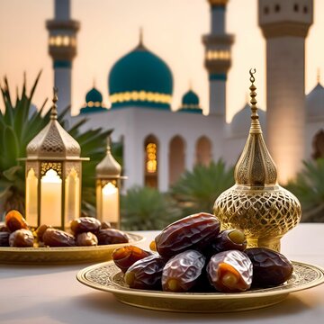 Dates on plate mosque on background Ramadan design concept image by Ai Generated

