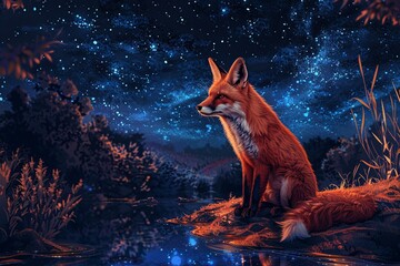 a fox sitting on a rock in front of a lake - Powered by Adobe
