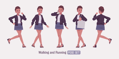 Attractive girl run, walk poses, young urban fashion woman wearing nice short high waist denim skirt, cute streetwear bomber jacket, casual summer sandals, female fade haircut. Vector illustration