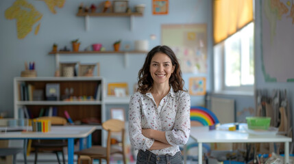 Portrait of latin teacher posing looking at camera in preschool class. Generative AI.