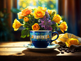 A blue cup with the inscription March against the background of a yellow bouquet of flowers in a...