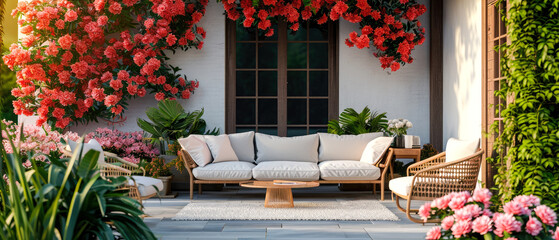 Fototapeta na wymiar Morning scene with blooming garden on backyard. Sunrise at terrace with plants, flowers, peonies, lounge furniture, lantern. Luxury penthouse patio. Exterior design. Copy space. Generative AI