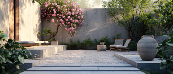 Fototapeta na wymiar Morning scene with blooming garden on backyard. Sunrise at terrace with plants, flowers, peonies, lounge furniture, lantern. Luxury penthouse patio. Exterior design. Copy space. Generative AI