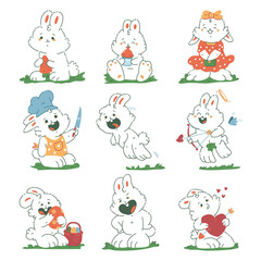 Cute bunny characters vector cartoon set isolated on a white background.