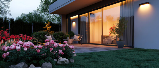 Evening scene with blooming spring garden on backyard. Terrace with plants, flowers, peonies,  lounge furniture, lantern. Luxury penthouse patio. Exterior design. Villa facade. Copy space. Generative 