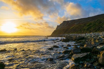 Sunset over the rocky bay