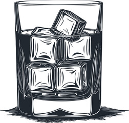 Old fashioned glass with whiskey and ice cubes,  vector illustration
