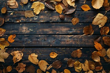 a group of leaves on a wooden surface