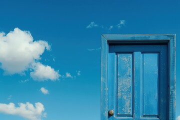 Blue door, blue sky with clouds in the background.