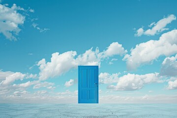 Blue door, blue sky with clouds in the background.