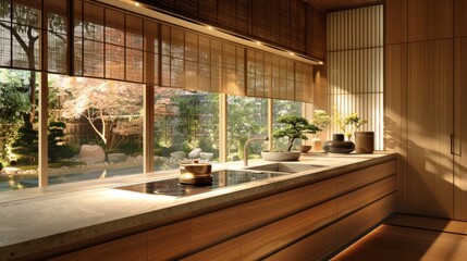 Modern Japanese kitchen room interior design blending traditional elements like wooden cabinetry and sliding doors (fusuma) with contemporary appliances and sleek countertops - obrazy, fototapety, plakaty