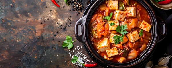 Kimchi jjigae kimchi stew with tofu and pork - obrazy, fototapety, plakaty