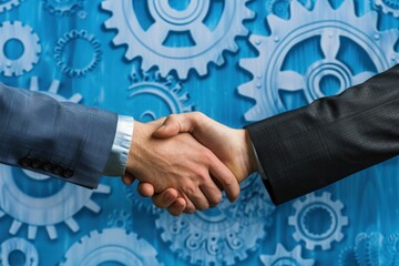 Businessman shaking hands, background with gears, business and creativity concept.