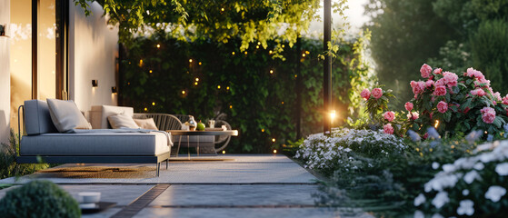 Evening scene with blooming spring garden on backyard. Terrace with plants, flowers, peonies,  lounge furniture, lantern. Luxury penthouse patio. Exterior design. Villa facade. Copy space. Generative  - obrazy, fototapety, plakaty