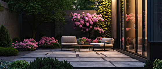 Fototapeta premium Morning scene with blooming garden on backyard. Sunrise at terrace with plants, flowers, peonies, lounge furniture, lantern. Luxury penthouse patio. Exterior design. Copy space. Generative AI