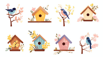 Spring vector card with wooden birdhouses. Trees tre - obrazy, fototapety, plakaty
