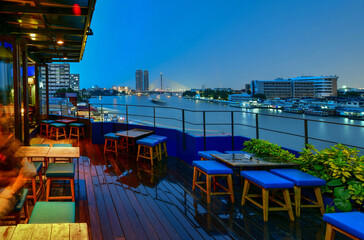 Rooftop Bar. Overlooks the Chao Phraya river in Bangkok ,Thailand	