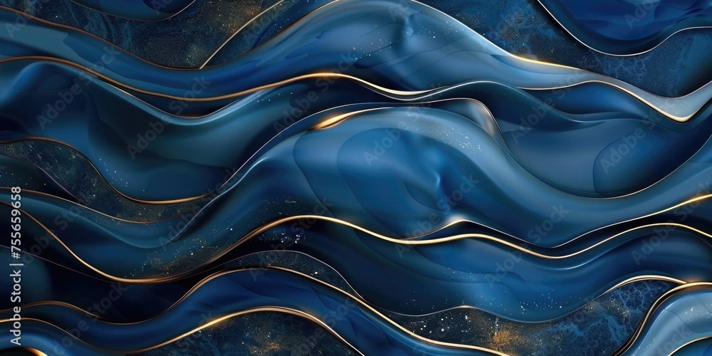 Poster a close up of a blue and gold wave pattern abstract background with copy-space