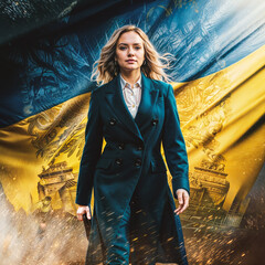 Blonde woman in a business suit standing in front of the flag of Ukraine on a blue and yellow background. The woman looks like a political leader or businesswoman.