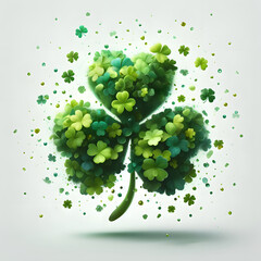 St. Patrick&rsquo;s Day Shamrock  with gree confetti explosion, isolated on a  White background, Celebrating Patrick's Day, Clover