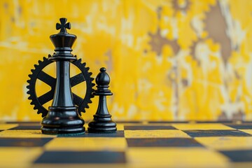 Iron gears and chess pieces on a chessboard, concept of creativity and strategy. - obrazy, fototapety, plakaty