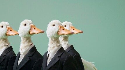 A group of ducks in business suits holding a meeting set against a pastel green solid background blending humor with unexpected professionalism