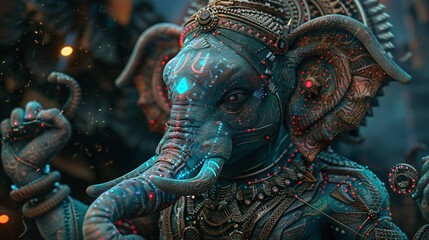 A futuristic Lord Ganesha visualized with cybernetic enhancements and sci fi elements exploring the intersection of divinity and technology - obrazy, fototapety, plakaty