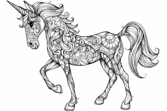 A coloring page of a horse with a long mane, coloring book for kids.