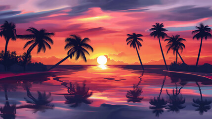 Paisagem colorida por do sol tropical - Ilustração