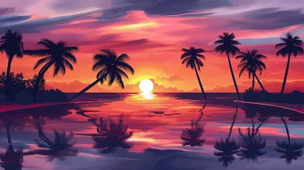 Crédence de cuisine en verre imprimé Corail Paisagem colorida por do sol tropical - Ilustração