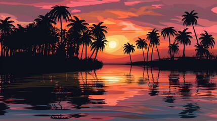 Paisagem colorida por do sol tropical - Ilustração - obrazy, fototapety, plakaty