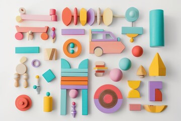 colorful wooden toys are displayed on a white background
