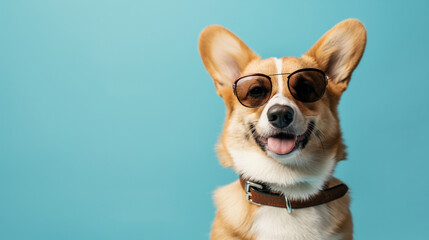 Cachorro fofo usando óculos escuros isolado no fundo azul