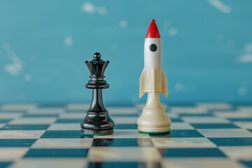Rocket and chess pieces on chessboard, startup, strategy and planning concept. - obrazy, fototapety, plakaty
