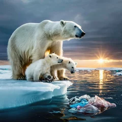 Keuken spatwand met foto Polar bear and her two cubs looking at the waste floating in the sea © John