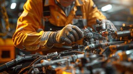 Fototapeta na wymiar Expert auto mechanic s skilled hands at work in a professional car repair service