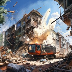 A painting depicting a scene of a house demolition, with destroyed houses in the background and a dump truck in the foreground.
