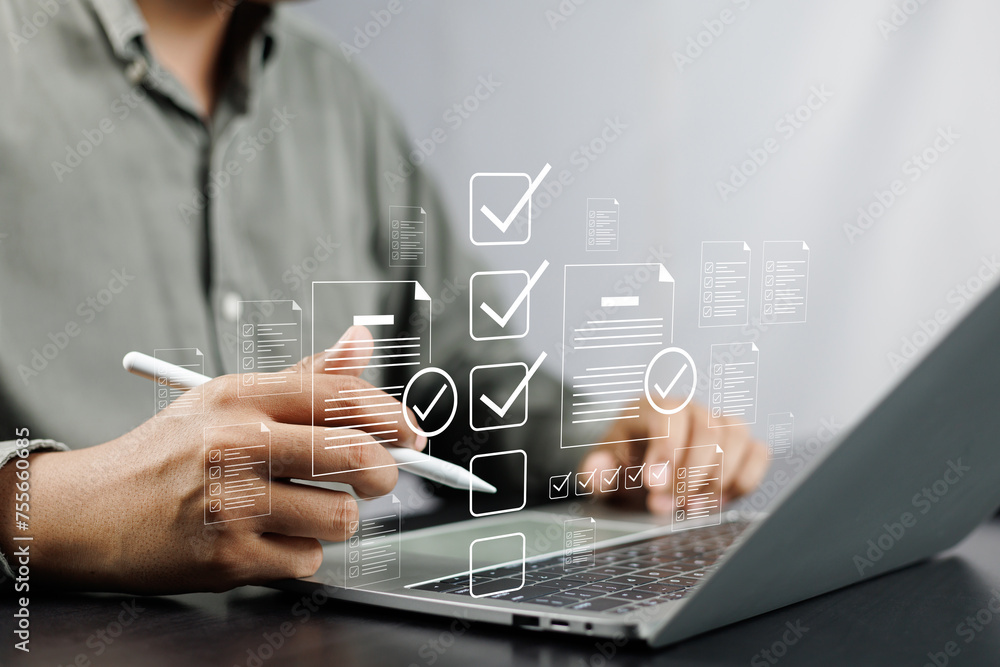 Canvas Prints business performance monitoring and evaluation concept, take an assessment, business man using lapto