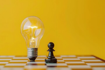 Chessboard, light bulb and a chess piece, concept of strategy, idea and planning. - obrazy, fototapety, plakaty