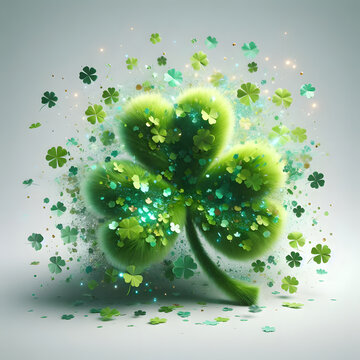 St. Patrick’s Day Shamrock  with gree confetti explosion, isolated on a  White background, Celebrating Patrick's Day, Clover
